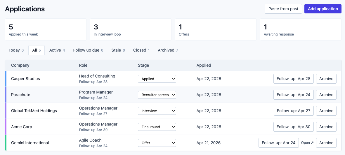 ApplyPocket dashboard: applications listed with stage stripes, at-a-glance metric tiles, and follow-up status.